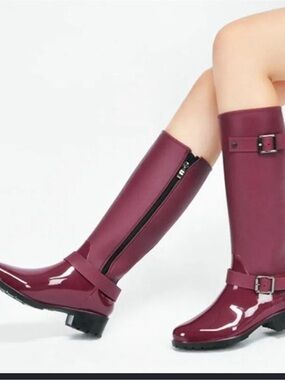 Women’s Glossy Burgundy Knee-High Rain Boots